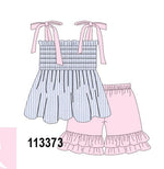 Blue Stripe Bow Smocked Ruffle Shorts Set