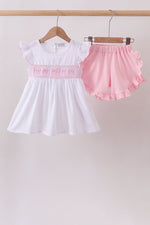White Bow Smocked Jacquard Ruffle Shorts Set