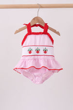 Pink stripe seersucker strawberry smocked one-piece swimsuit