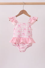 Pink bow print ruffle one-piece swimsuit