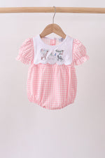 Pink Gingham Animal Embroidered Knit Bubble