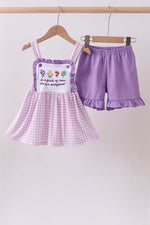 Purple floral embroidery gingham ruffle shorts set