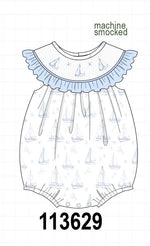 Blue Sailboat Smocked Ruffle Bubble