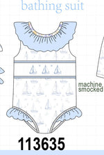 Blue Sailboat Smocked One-Piece Swimsuit