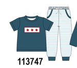 Teal Apple Embroidered Stripe Pants Set