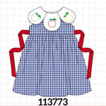 Navy Apple Embroidered Gingham Dress