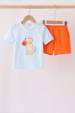 Blue Puppy Pumpkin Applique Shorts Set