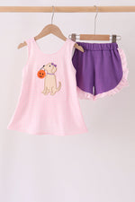 Pink Puppy Pumpkin Applique Ruffle Shorts Set