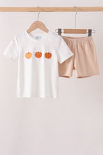Khaki Pumpkin Embroidery Shorts Set
