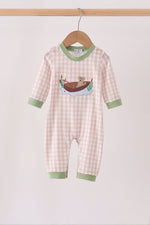 Khaki Puppy Fishing Gingham Romper