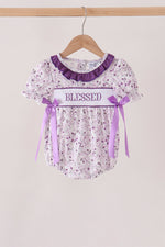 Purple floral blessed smocked ruffle bubble