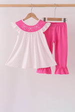 Pink bow pearl ruffle pants set