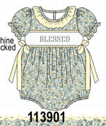 Sage Floral Blessed Smocked Ruffle Bubble