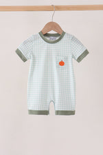 Sage pumpkin embroidery gingham romper