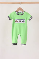 Green car embroidery checkered romper