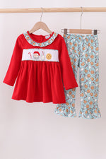 Red santa claus cookie french knot ruffle pants set