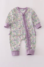 Purple floral print ruffle romper