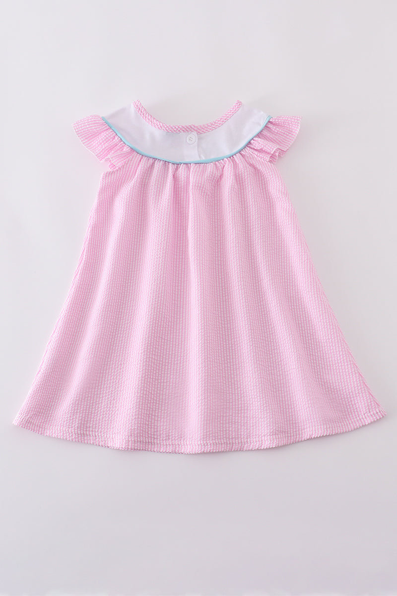 Pink seersucker animal embroidery dress