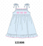 Blue Bow Embroidered Stripe Ruffle Dress