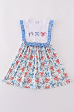 Bow trellis print embroidery ruffle dress