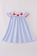 Blue seersucker crab embroidery smocked dress