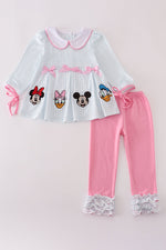 Pink character embroidery ruffle pants set