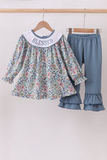 Blue floral blessed embroidery ruffle pants set
