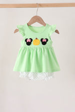 Light green character french knot ruffle bubble