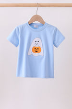 Blue ghost pumpkin embroidery top