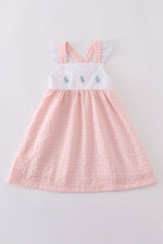 Premium Pink bunny embroidery gingham dress