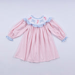 Pink candy cane bow hand smocked ruffle dress
