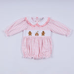 Pink gingerbread hand smocked gingham ruffle bubble
