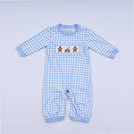 Blue gingerbread hand smocked gingham romper