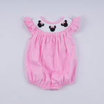 Pink character hand smocked dot ruffle bubble