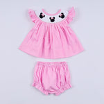 Pink character hand smocked dot ruffle bloomer set