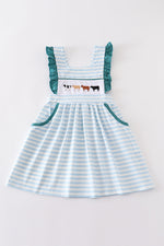 Blue stripe cow embroidery dress