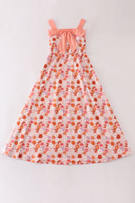 Pumpkin floral print bow women dress