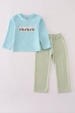 Blue tractor embroidery pants set