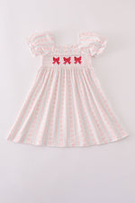 Pink bow embroidery smocked dress