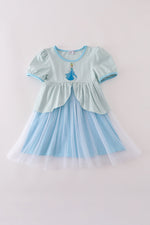 Blue princess embroidery ruffle dress