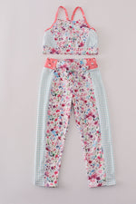 Green floral print 2pc active tank legging set