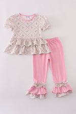 Pink floral print ruffle pants set