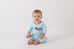 Blue vehicle emboridery romper