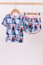 Blue frozen print bamboo shorts set