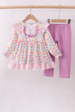 Purple heart print ruffle pants set