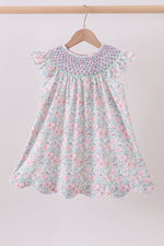 Green Floral Smocked Dress
