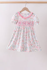 Pink floral bow smocked ruffle dress