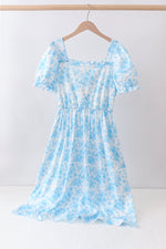 Blue rose print women dress