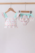 Green castle cream ruffle 2pc swimsuit
