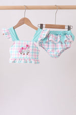 Green plaid horse applique 2pc swimsuit